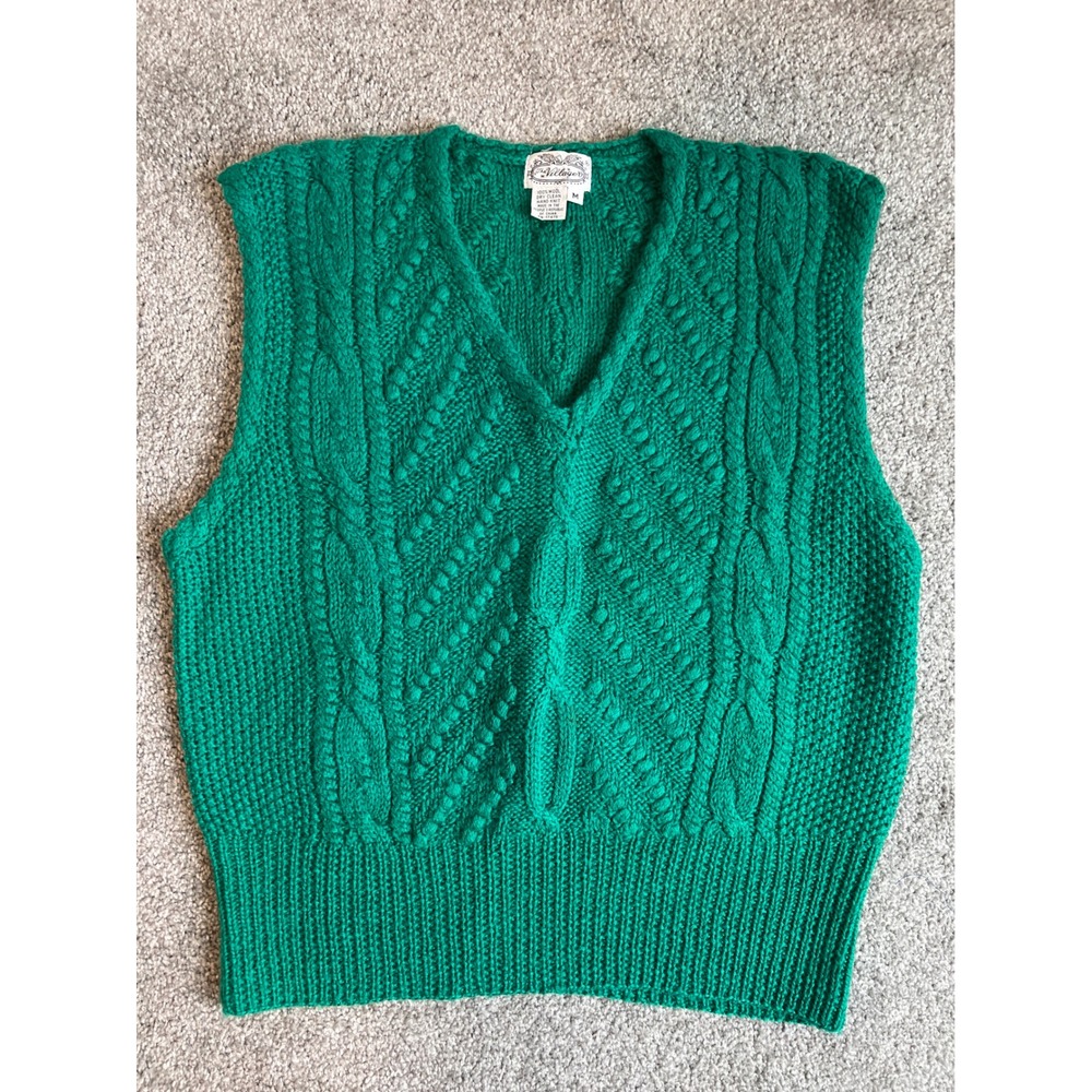 The Villager Vintage Hand Knit Wool Sweater Vest Green Cable Knit V-Neck Medium